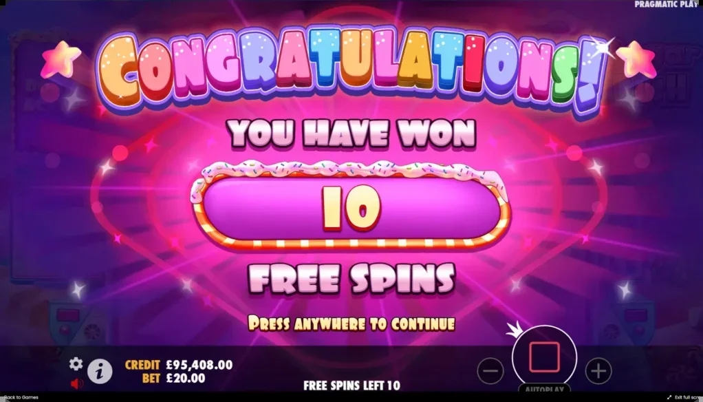 Sugar Rush gratissnurr — 10 snurr med kvarstående multiplier spots