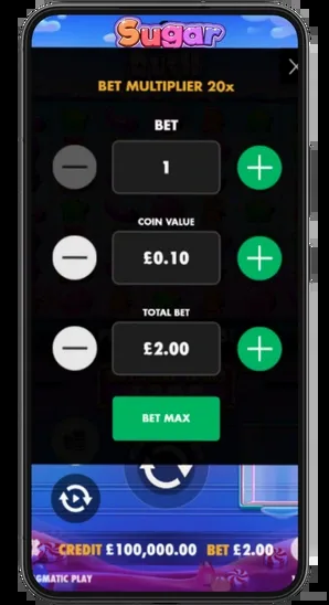 Insatsmeny i Sugar Rush — 2 kr till 1 000 kr per spinn
