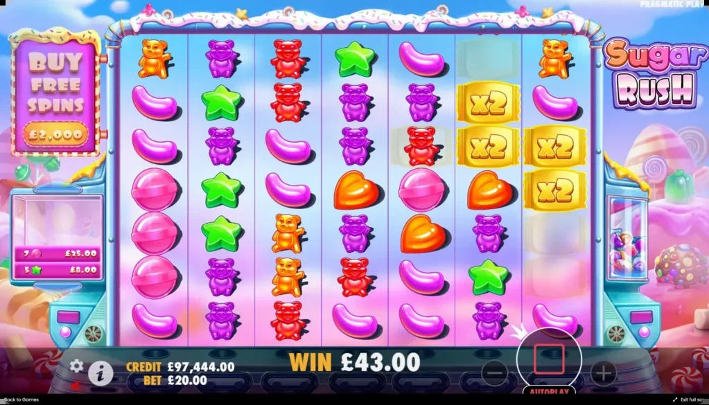 Sugar Rush multiplier spots — ackumulation från 2x till 128x