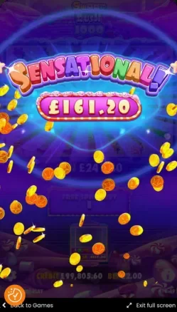 Sugar Rush big win-skärm — vinst krediterad till saldo