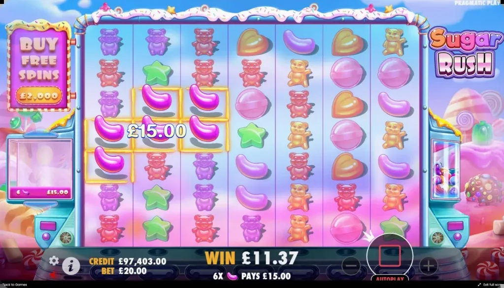 Sugar Rush tumble-funktion i aktion — kaskad av klustervinster